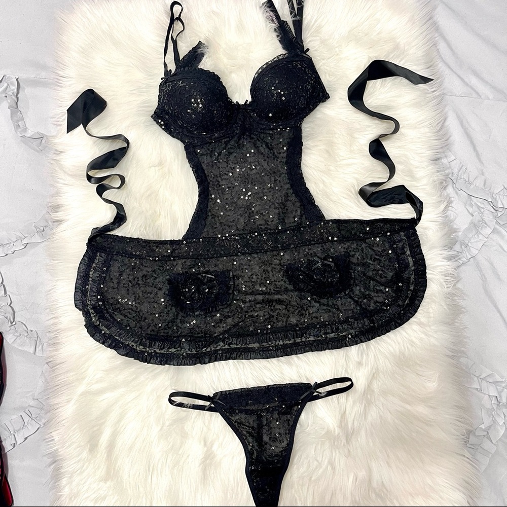 34B/S VS Victoria’s Secret Sexy little things Maid Apron Black Sequins lingerie
